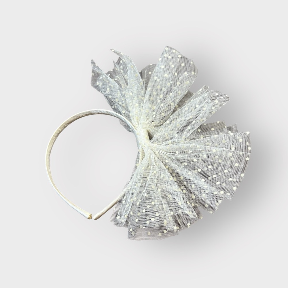 Ivory Mesh Tulle Polka Dot Bow Headband - Party Bridal 80s